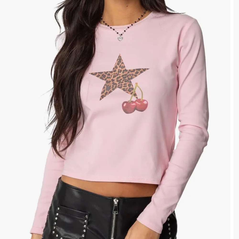 EDIKTED Cherry Leopard Star Long Sleeve Top